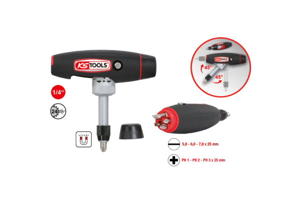 Отвертка с Т-образной ручкой, трещоткой и битами 1/4", 010111